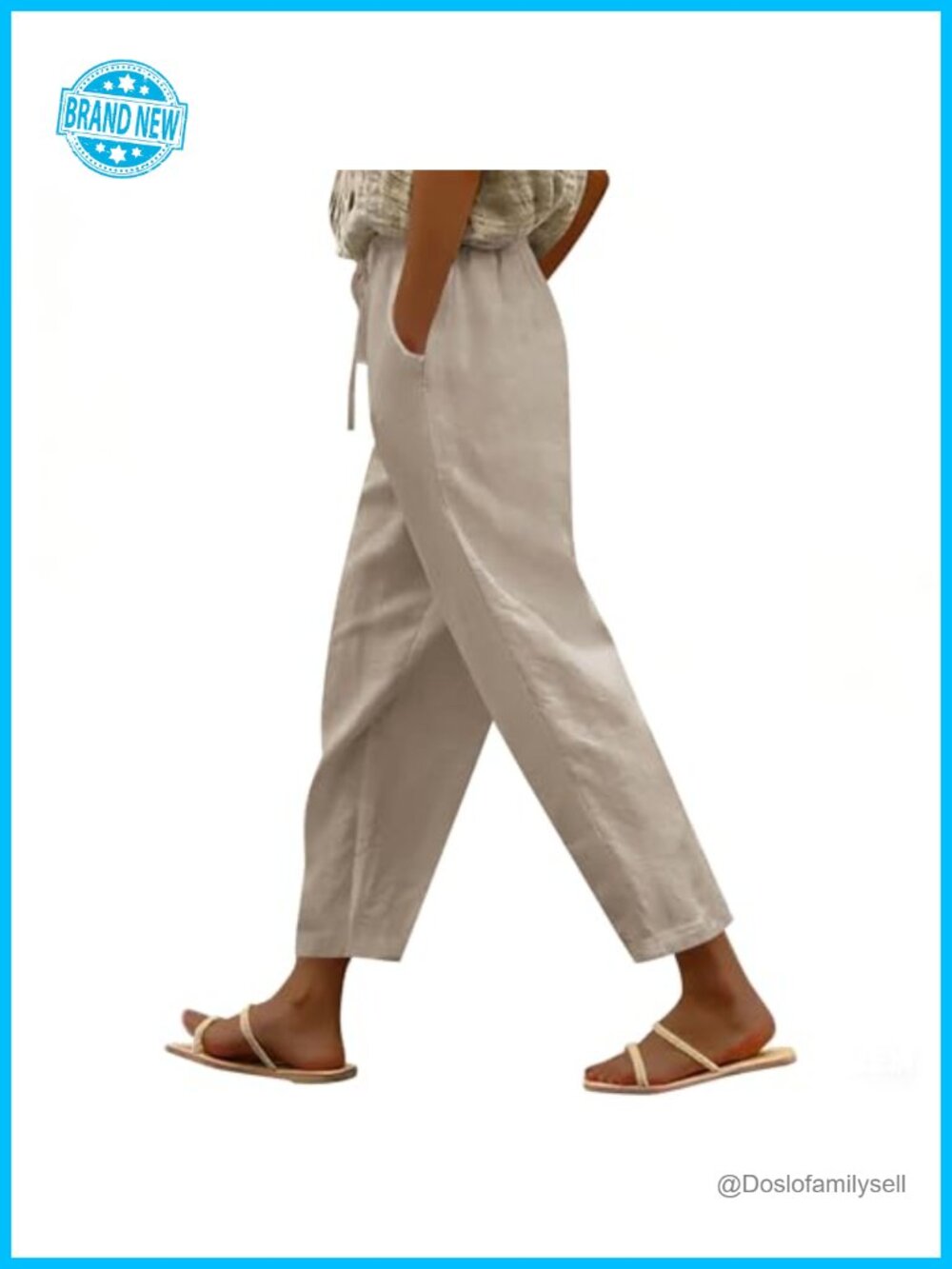 Cotton Linen Capri Pants Lightweight Summer Beach Casual Trousers